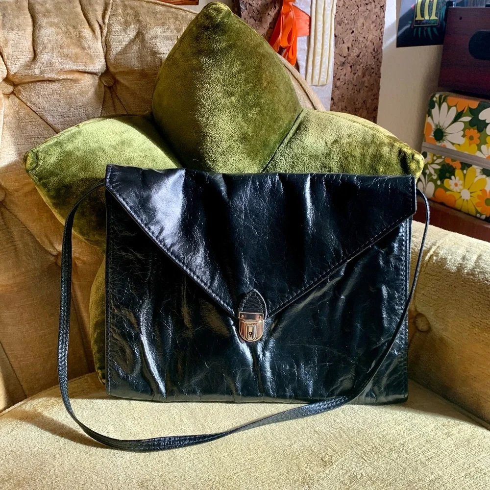 80s vintage black leather shoulder/clutch bag - Picture 7 of 7